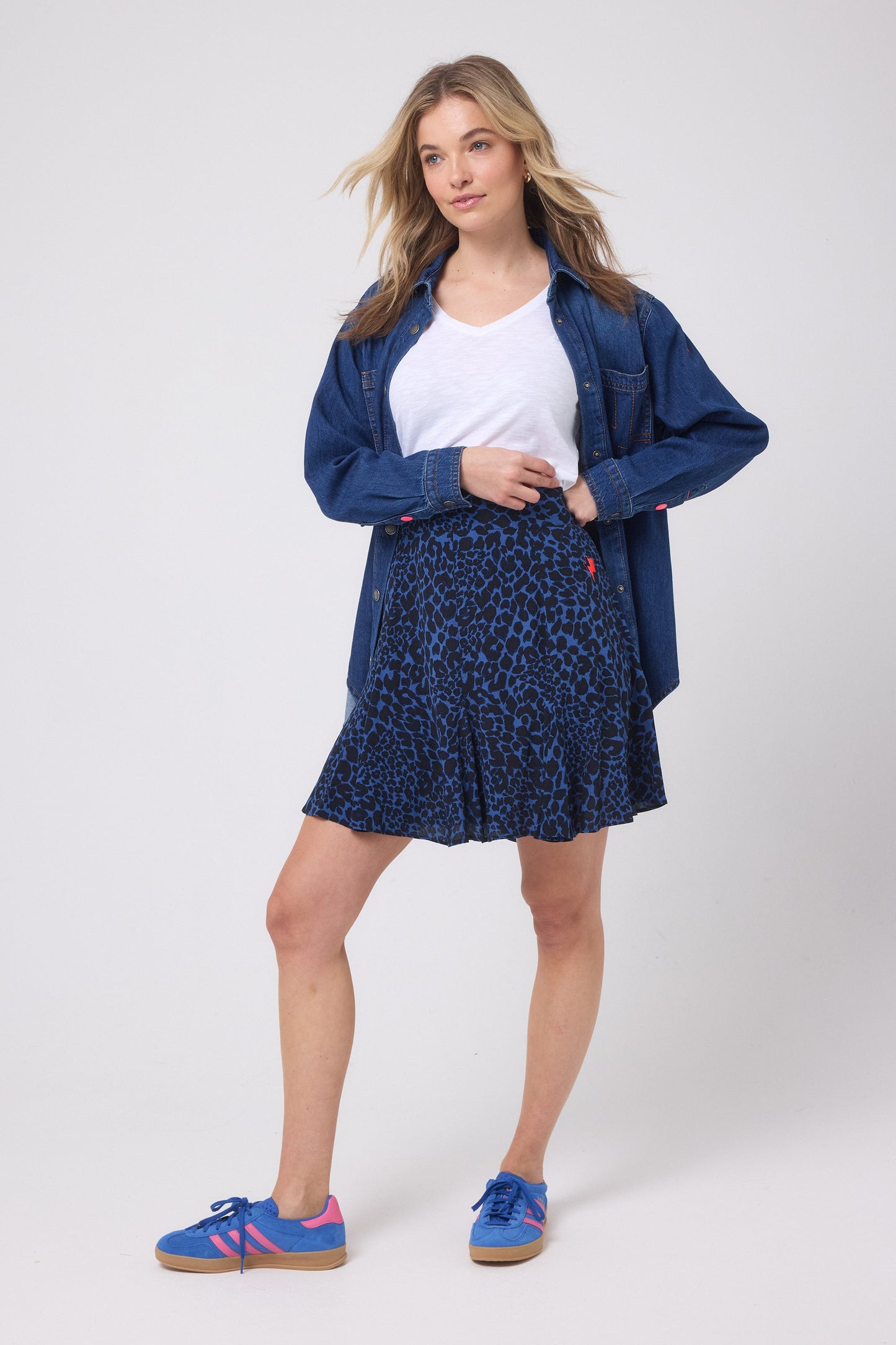 Navy leopard print skater skirt.