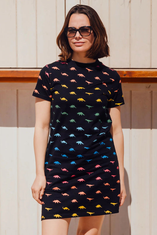 Sia T-Shirt Dress - Black, Jurassic Jive Rainbow