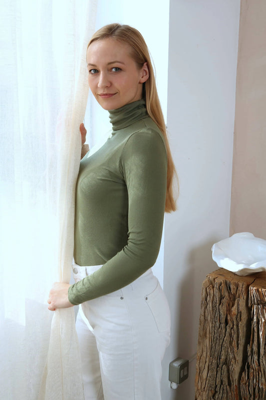 Silk Rib Roll Neck Top Olive