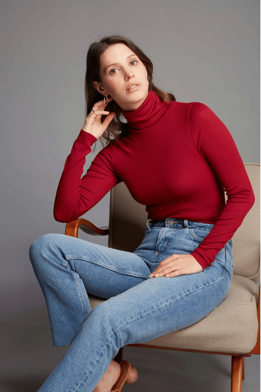 Silk Rib Roll Neck Top Wine