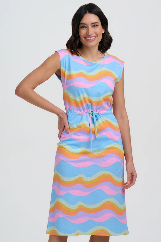 Blue, orange, and pink wave pattern organic cotton midi dress.