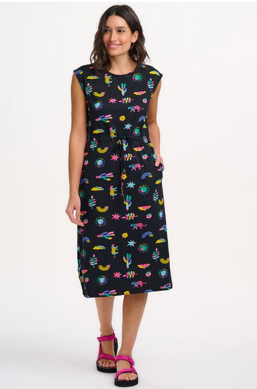 Black organic cotton midi dress with bright cactus print.