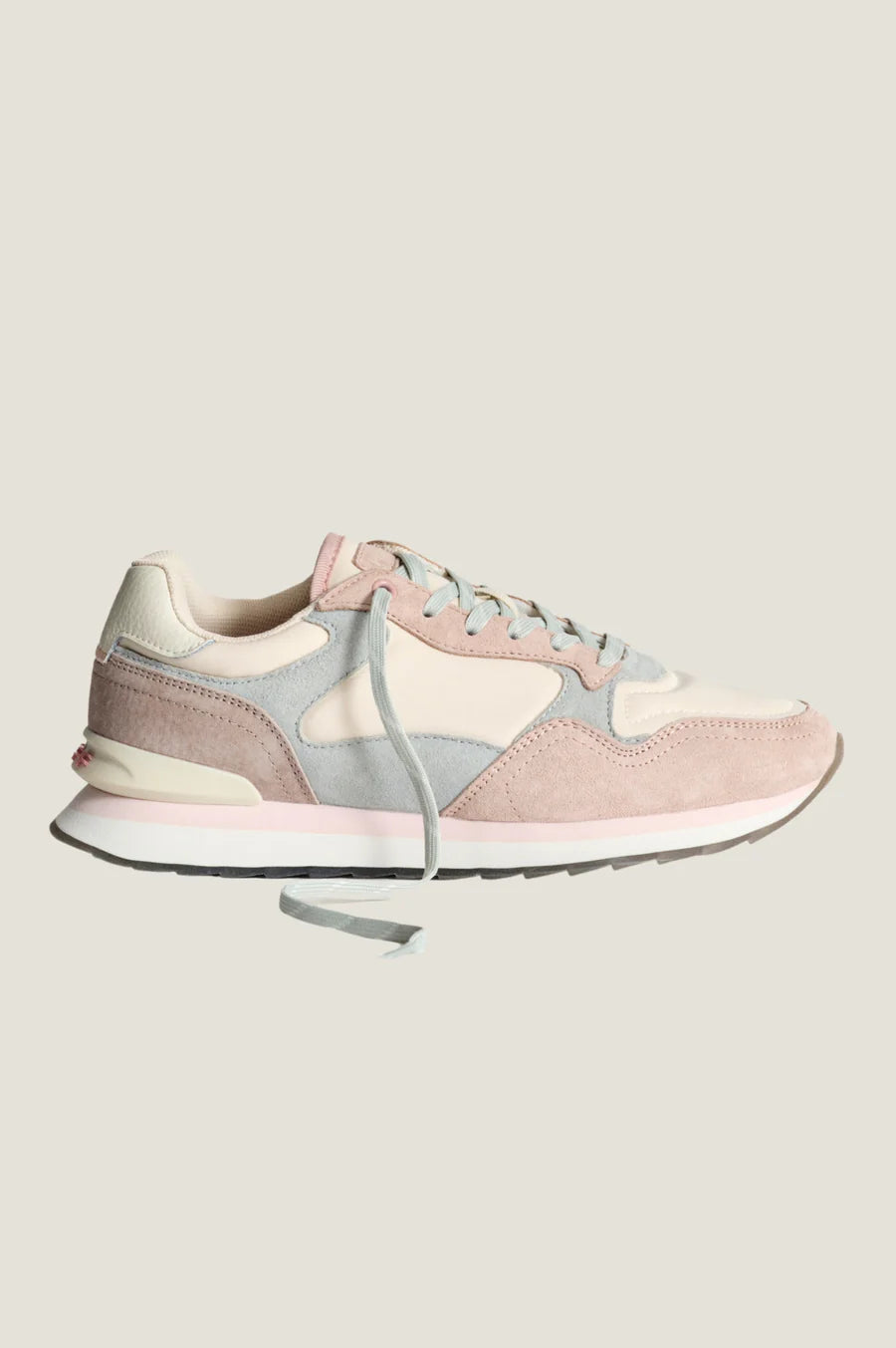 Blush pink and powder blue suede trainer.