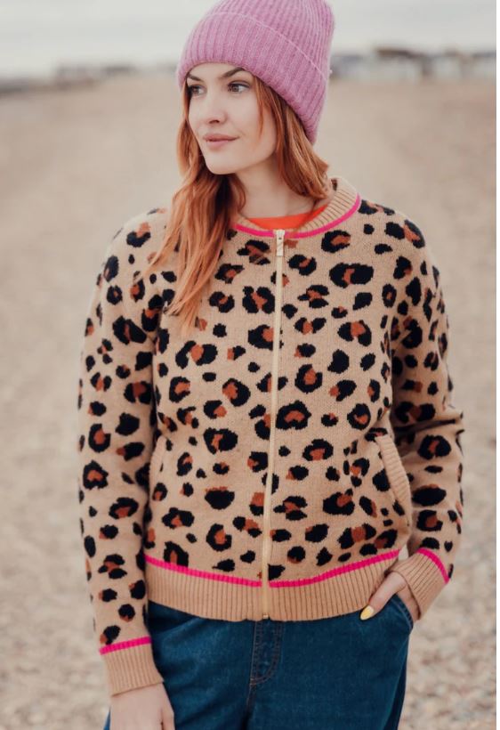 Solana Knitted Bomber Jacket - Tan/Black Leopard