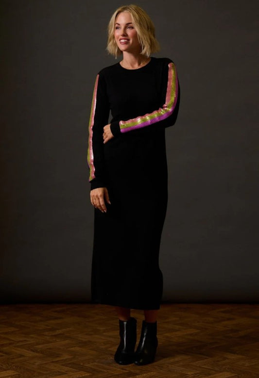 Sonia Knit Midi Dress - Black, Sequin Stripes