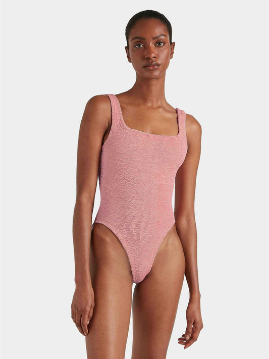 Dusty rose square neck crinkle fabric swimsuit.