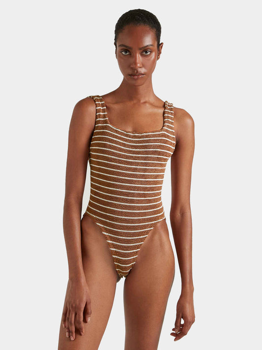 Cocoa brown and white stripe crinkle fabric swimsuit.