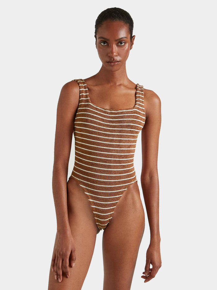 Cocoa brown and white stripe crinkle fabric swimsuit.