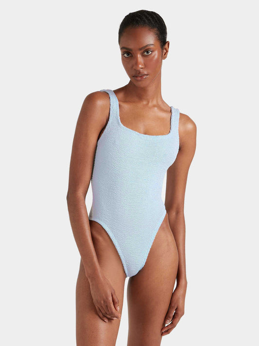 Square neck ice blue crinkle swimsuit.