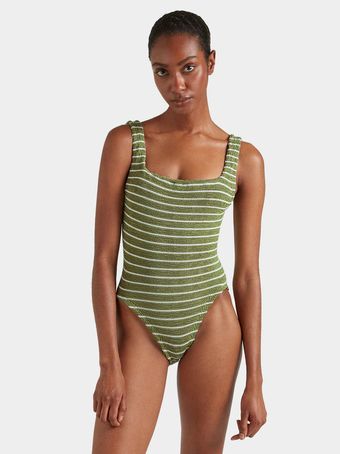 Green and white striped crinkle fabric swimsuit.