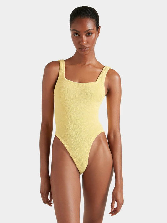 Crinkle fabric square neck butter yellow swimsuit.
