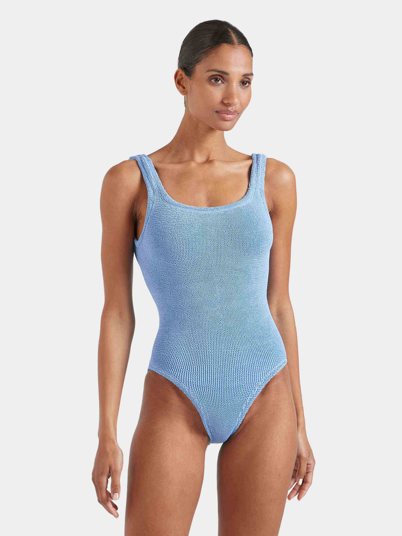 Cornflower blue crinkle fabric square neck swimsuit.