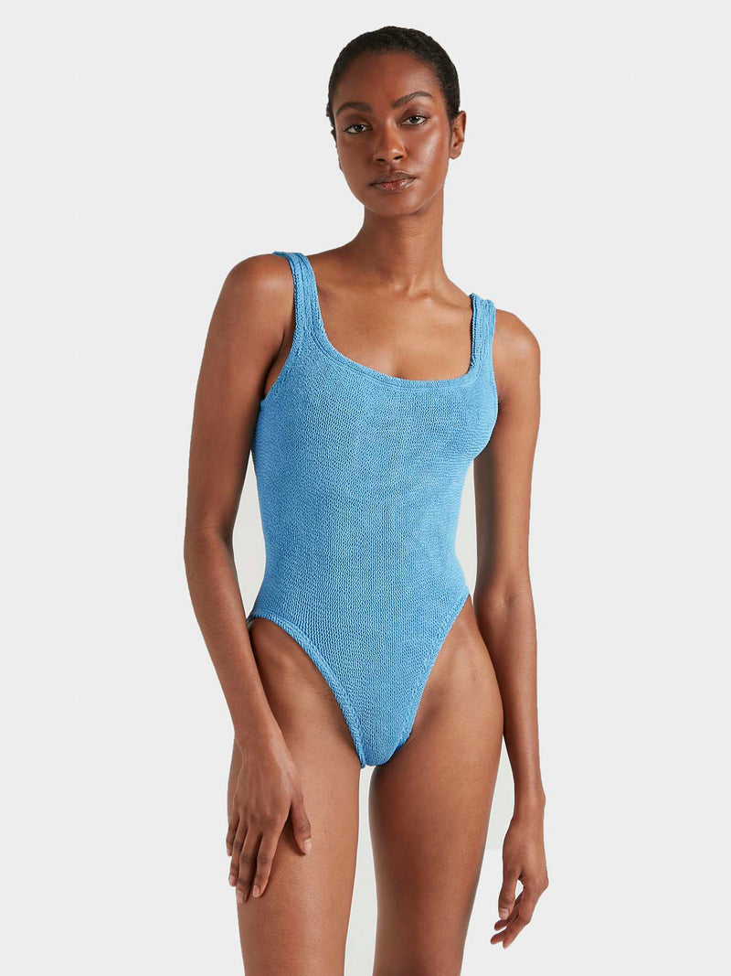 Sky blue crinkle fabric square neck swimsuit.