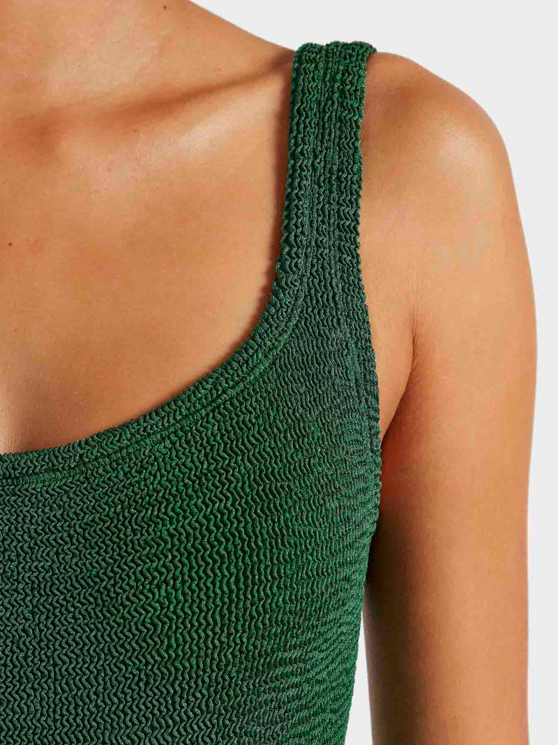 Square Neck Crinkle Swimsuit - Metallic Forest Green