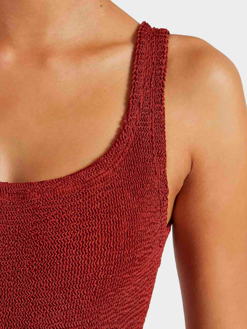 Square Neck Crinkle Swimsuit - Metallic Chestnut