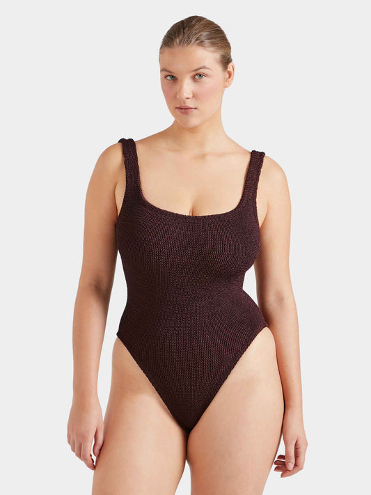Deep chocolate brown crinkle fabric square neck swimsuit.