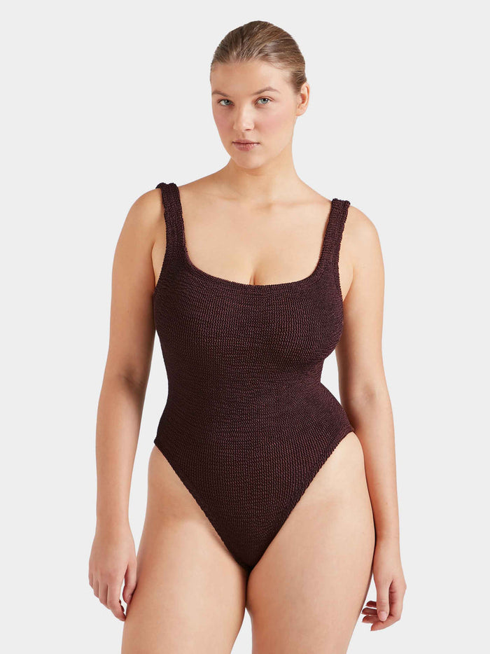Deep chocolate brown crinkle fabric square neck swimsuit.