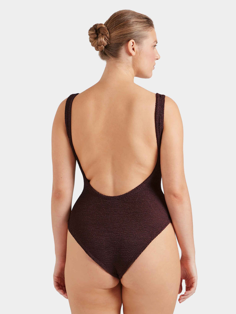 Square Neck Crinkle Swimsuit - Metallic Chocolate