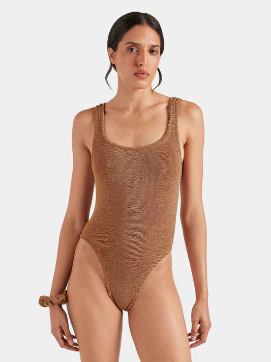 Cocoa brown square neck crinkle fabric swimsuit.