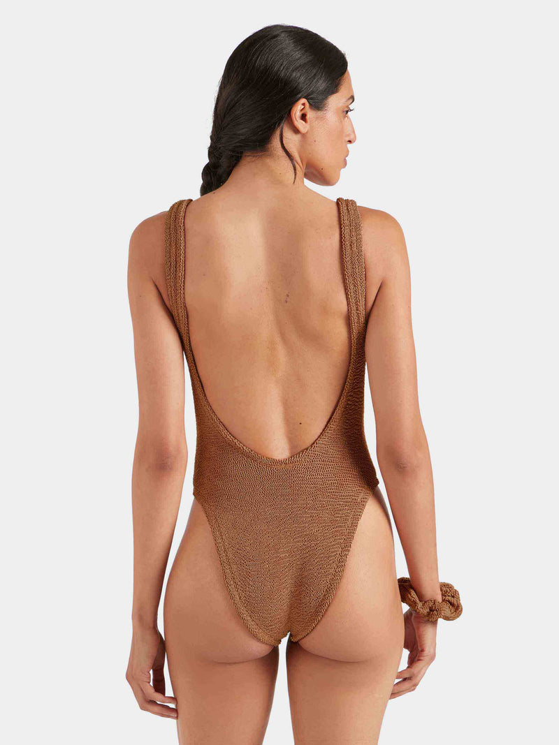 Square Neck Crinkle Swimsuit - Metallic Cocoa