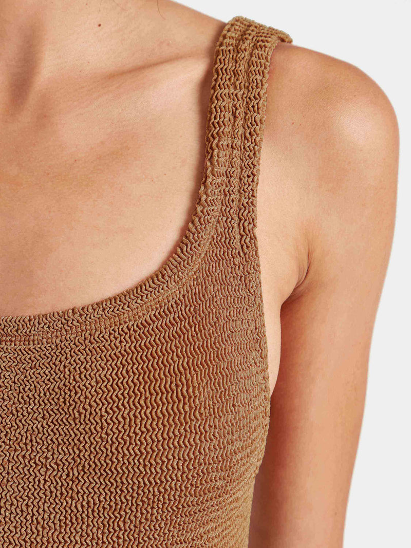 Square Neck Crinkle Swimsuit - Metallic Cocoa