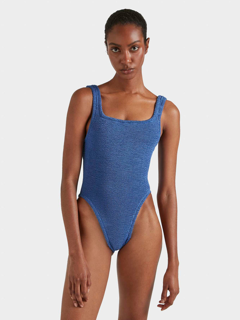 Denim blue crinkle fabric swimsuit.