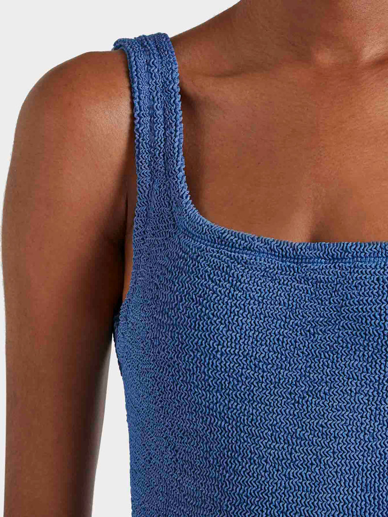 Square Neck Crinkle Swimsuit - Metallic Denim