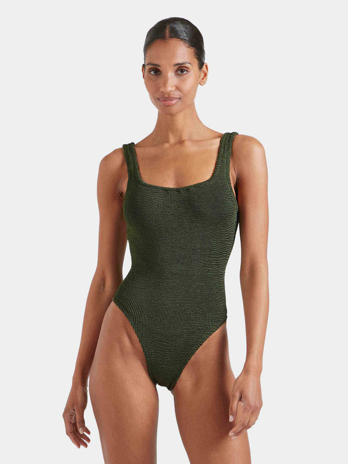 Dark green square neck crinkle fabric swimsuit.