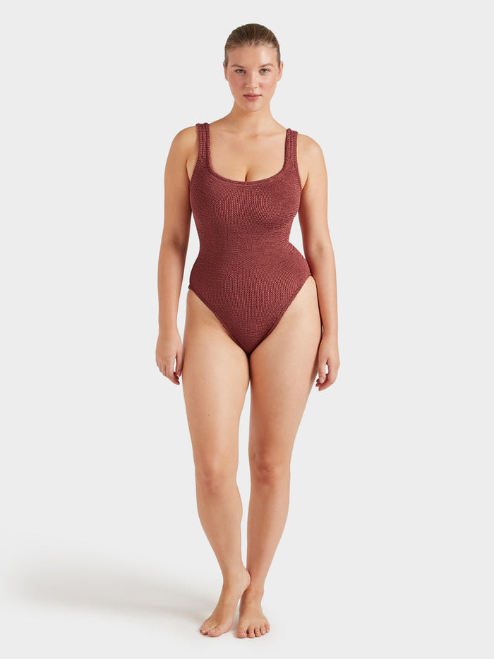 Muted brown crinkle fabric square neck swimsuit.