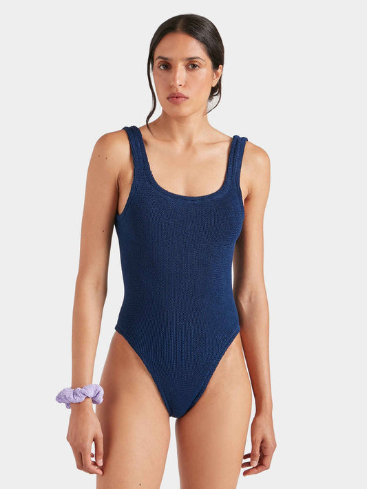 Navy blue crinkle fabric swimsuit.