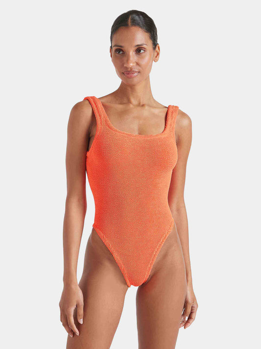 Bright orange square neck crinkle fabric swimsuit.