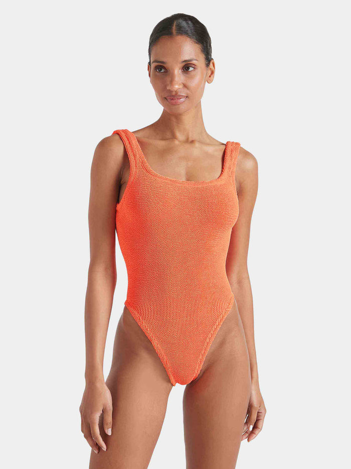 Bright orange square neck crinkle fabric swimsuit.