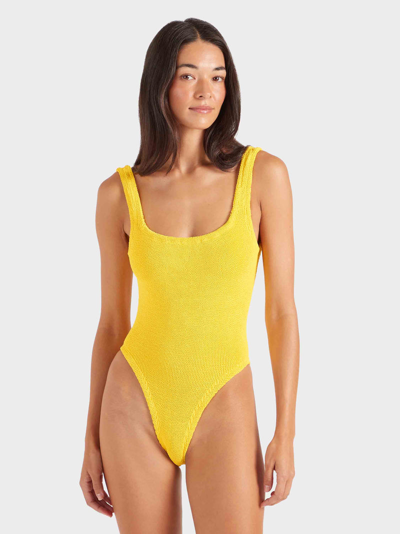 Sunflower yellow square neck swimsuit in crinkle fabric.