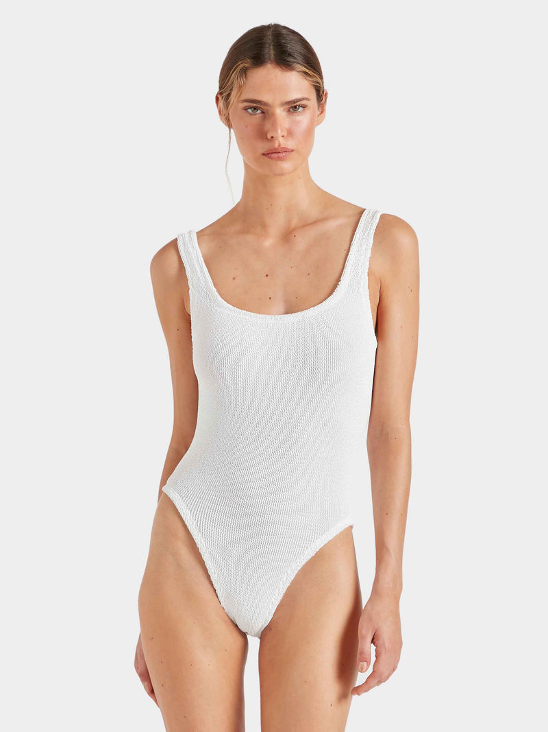 White square neck crinkle fabric swimsuit.