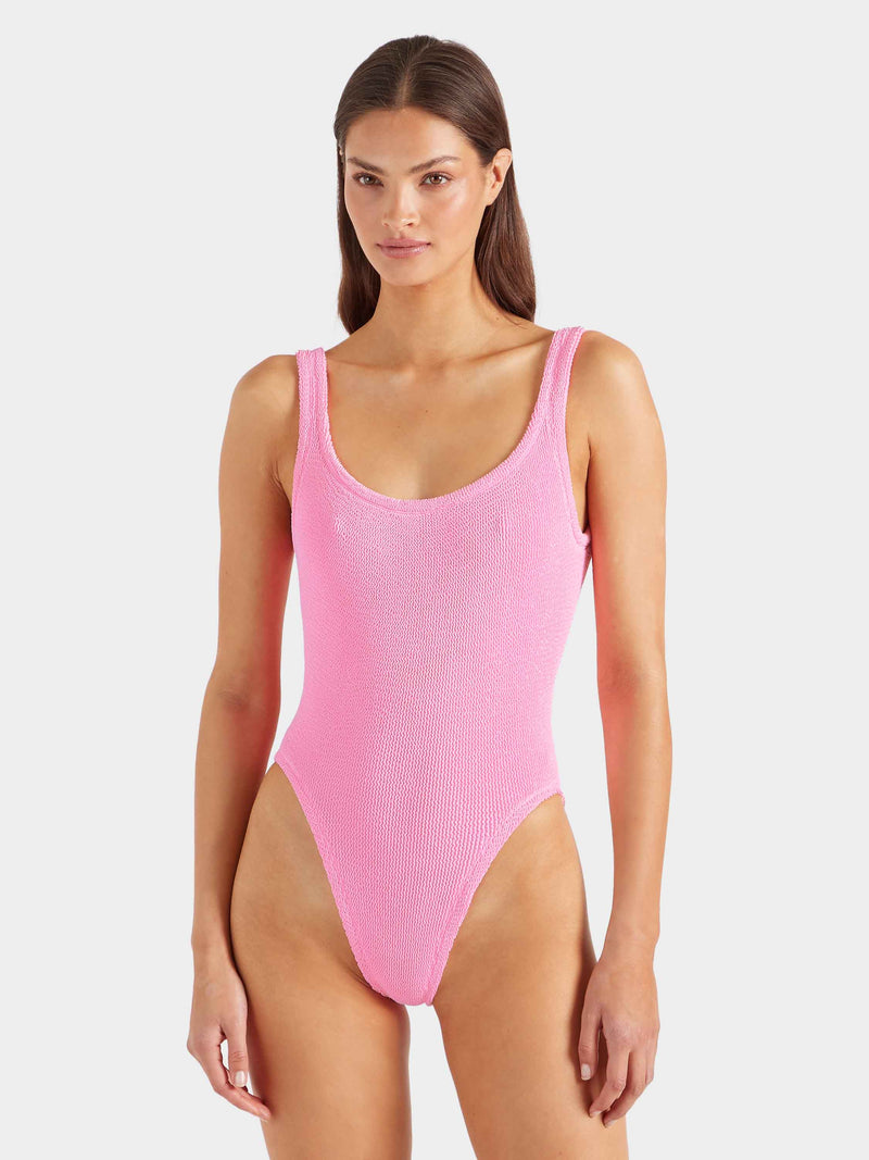 Square neck bubblegum pink crinkle fabric swimsuit.