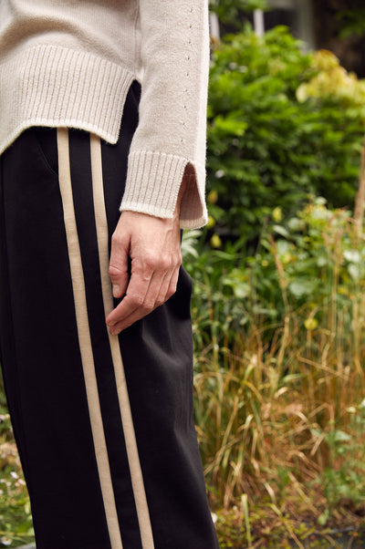 Ponte Cotton Wide Leg Trousers - Black with Taupe/White Stripe