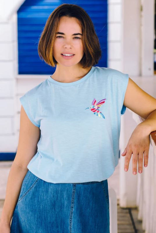 Chrissy Relaxed Tank T-Shirt - Pale Blue Tropical Hummingbird