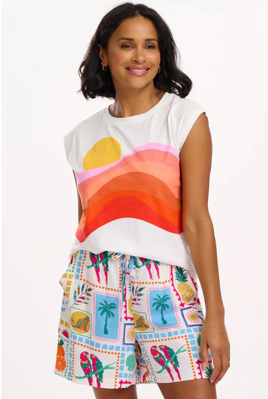 Chrissy Relaxed Tank T-Shirt - Sunset Waves