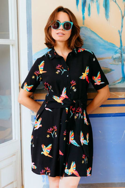 Dessie Mini Shirt Dress - Black, Tropical Parrots