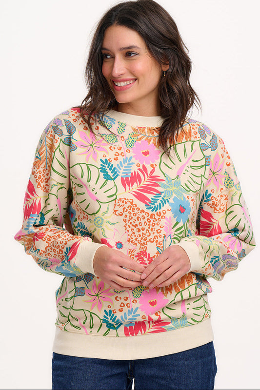 Sugarhill Brighton 100% cotton sweatshirt, with colourful pink and green tropical leaf print on a cream base.