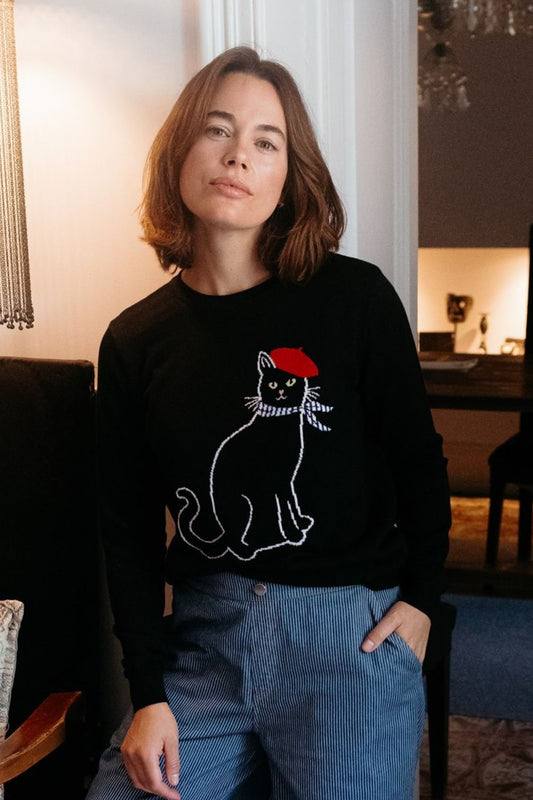 Black cotton and viscose sweater with motif of a white cat wearing a red beret.
