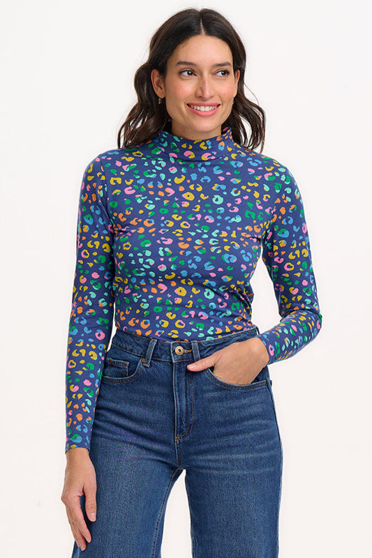 Annika Jersey Top - Bright Navy, Mottled Leopard