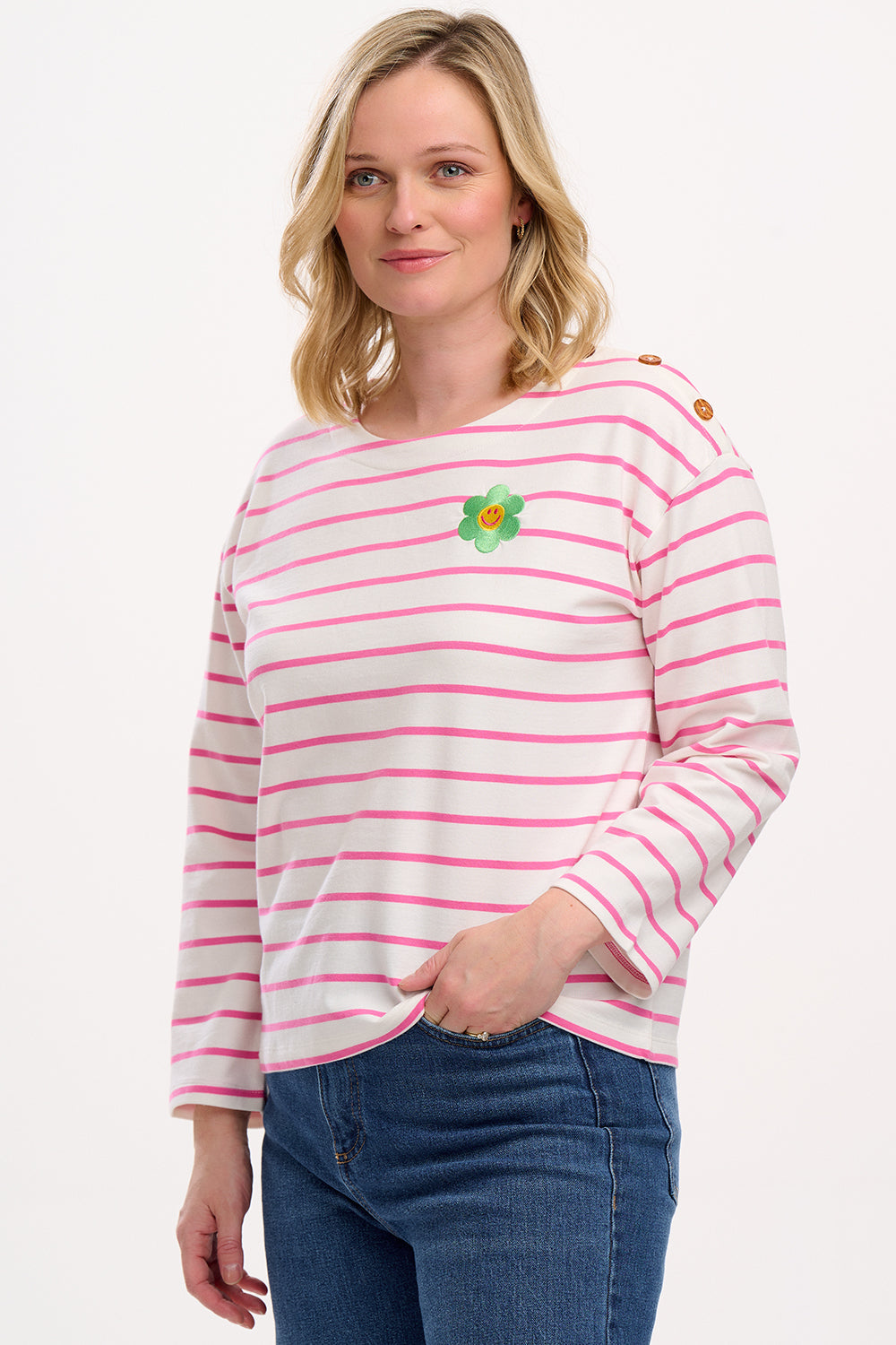 Celine Breton Top - Off-White/Pink, Smiley Flower