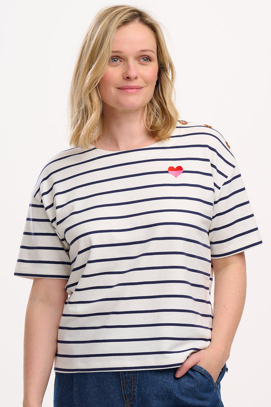 Kirby Breton Tee Top - Off-White/Navy, Split Heart