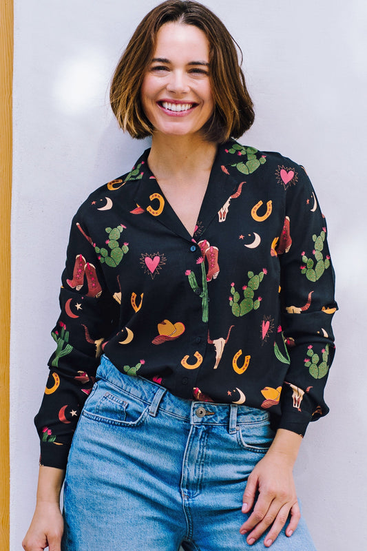 Micah Revere Shirt - Black, Cowgirl Print