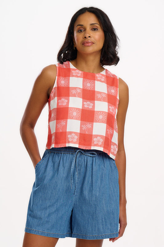Bruna Top - Off-White/Coral, Tropical Gingham