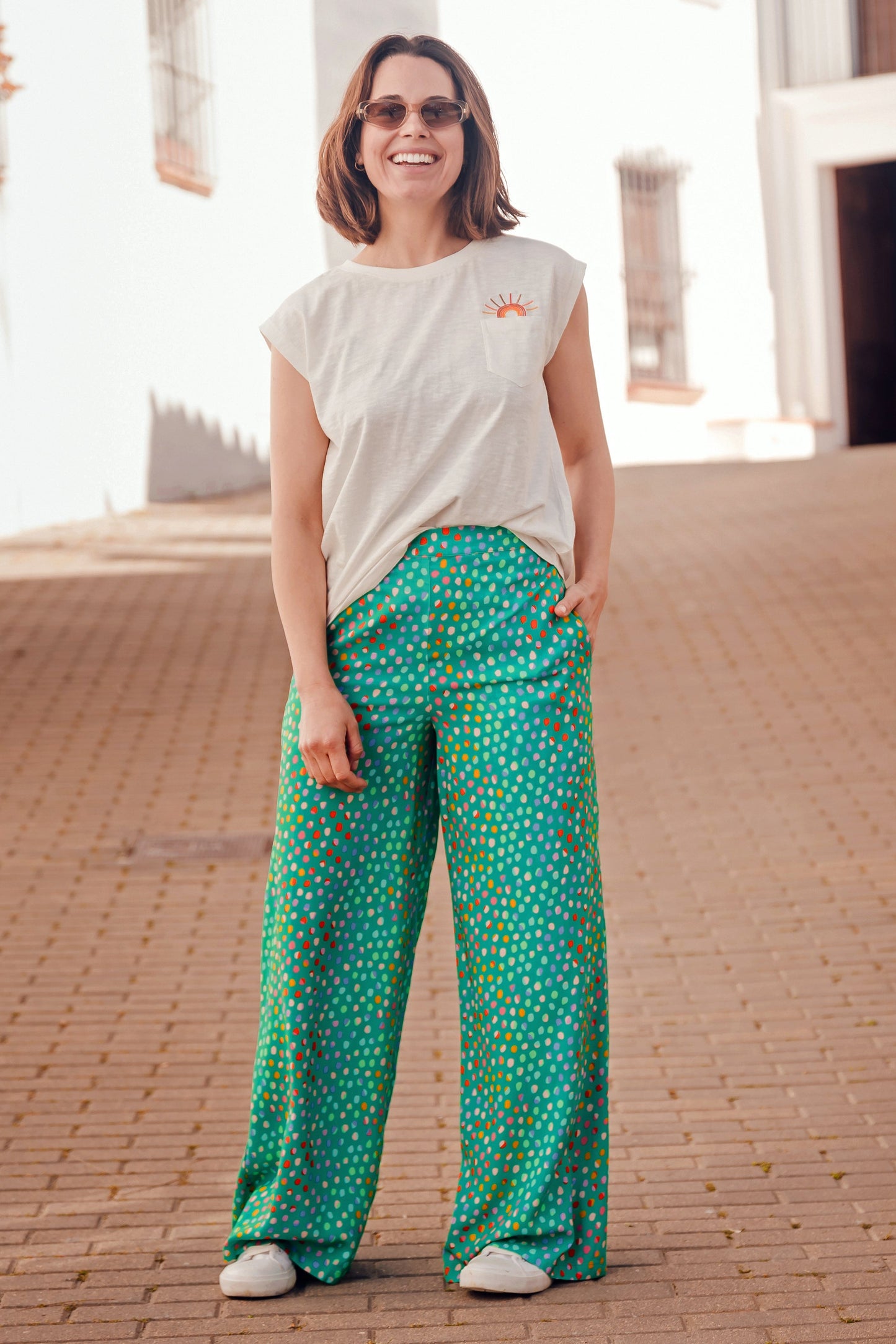 Patsy Palazzo Pants - Green, Rainbow Pebbles