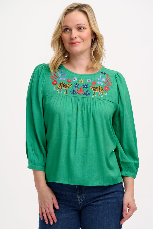 Hyma Top - Green, Leopard Floral