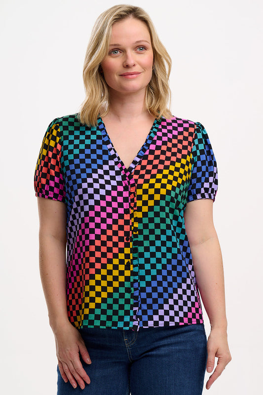 Freesia Frill Blouse - Black/Multi, Rainbow Checkerboard