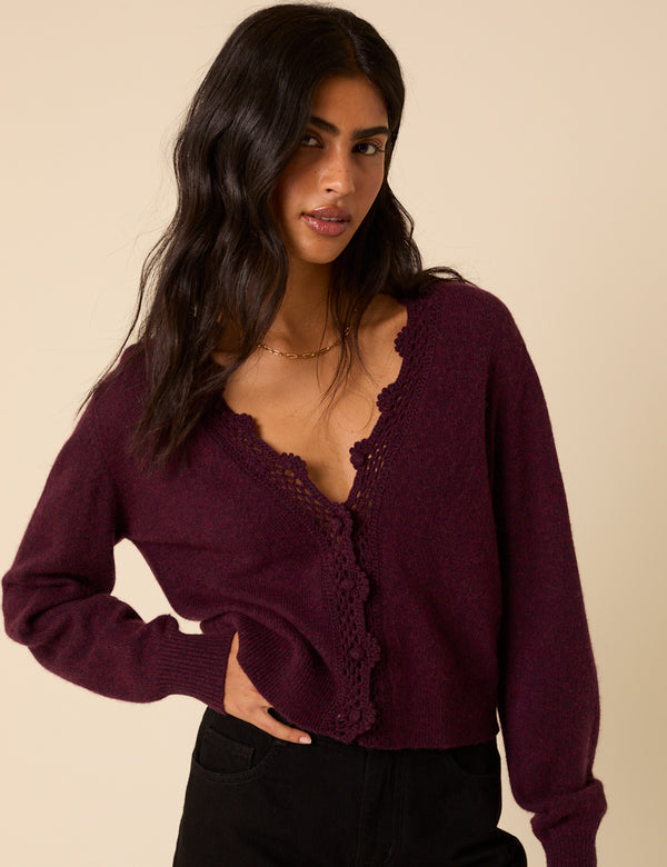 Burgundy Crochet Trim Wool Blend Elodie Cardigan